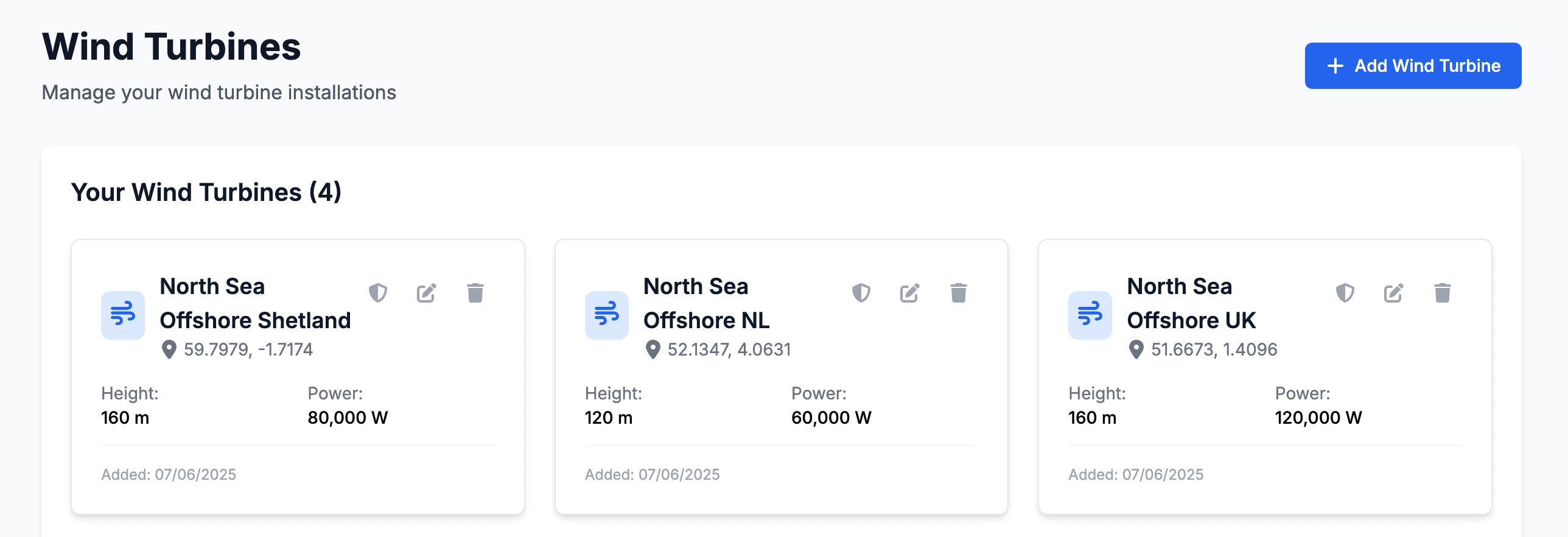Energy Dashboard Wind turbines list