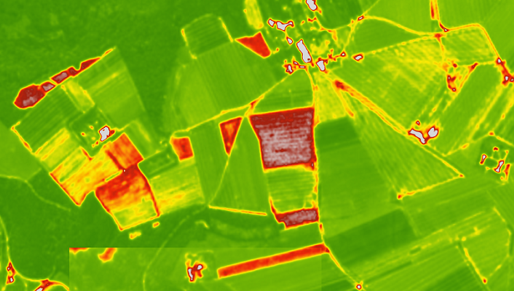 Red areas = low NDVI (stressed crops), Green areas = high NDVI (healthy vegetation)