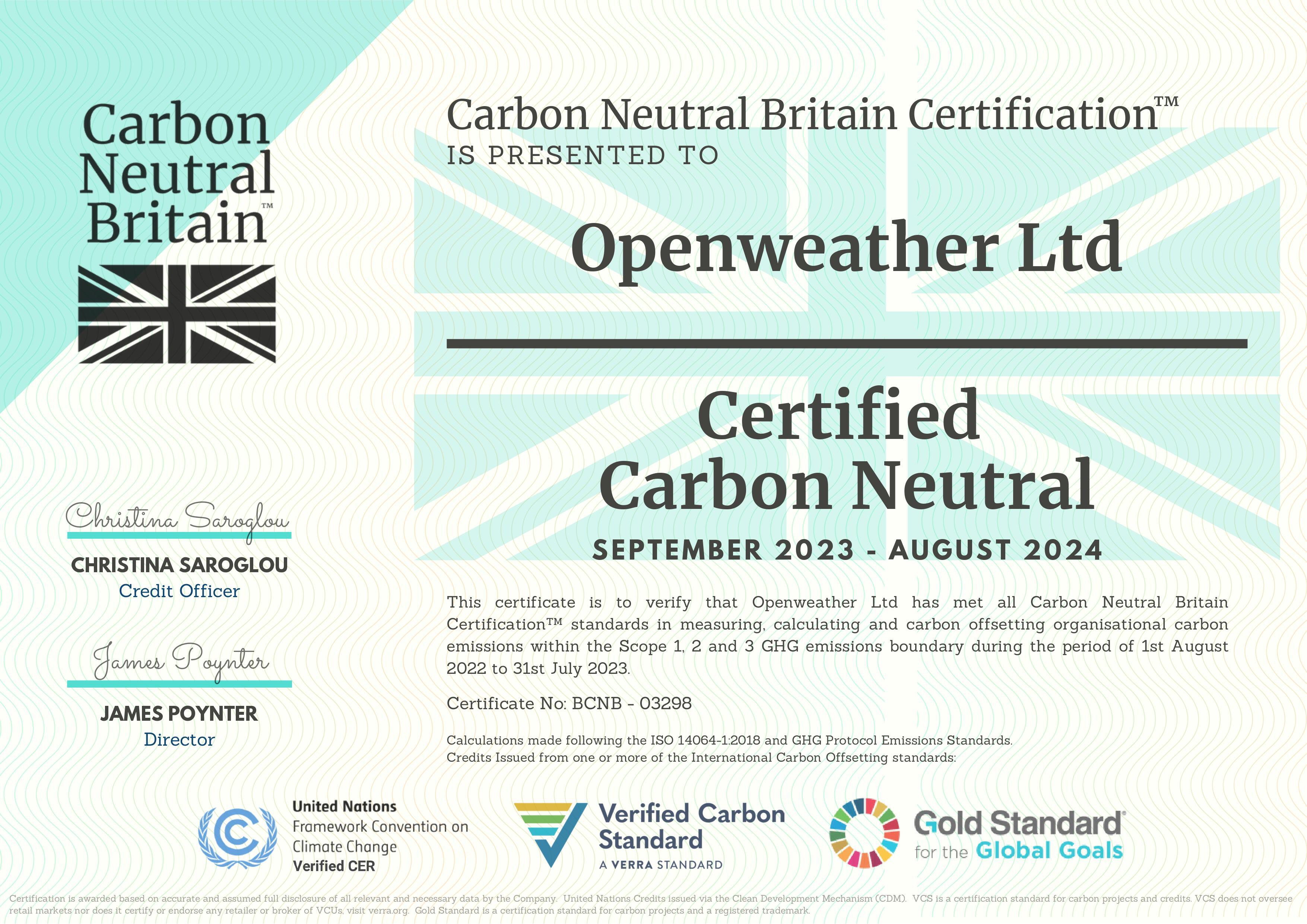 Open Weather Carbon Neutral Certificate